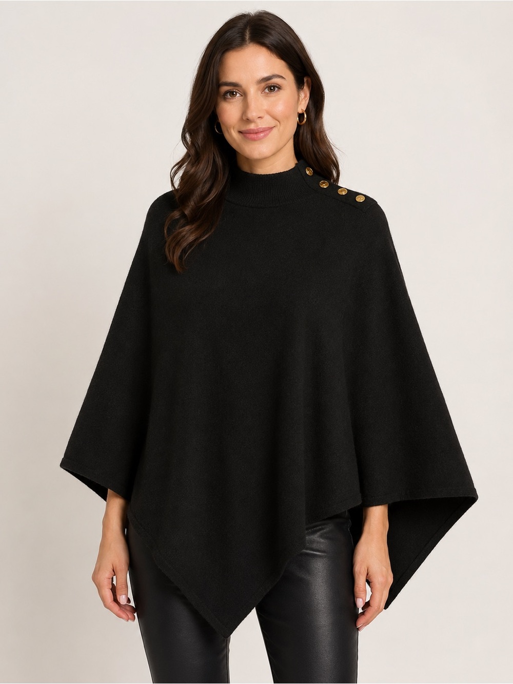 Women's Black Button-Shoulder Poncho Sweater